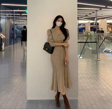 택 포함 미사용 리브 니트 원피스 긴팔 벨트 포함