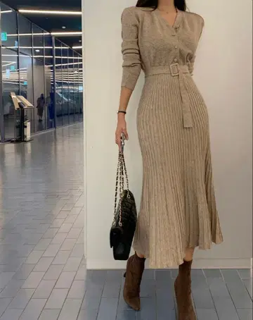 택 포함 미사용 리브 니트 원피스 긴팔 벨트 포함