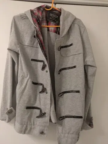 후드 부착 더플 코트 후드티 L 그레이 체크