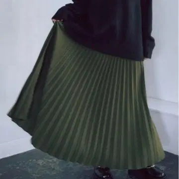 마냐나스 엘 테레사 롱 플리츠 스커트 올리브 프리 무지 맥시 길이
