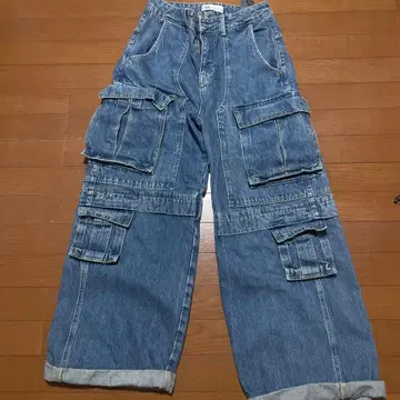 데님 카고 팬츠 다기능 포켓 부착