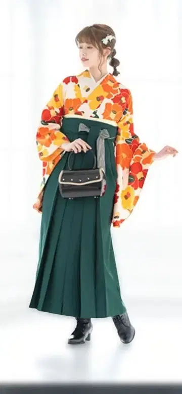 이척소매 기모노 그린 하카마 세트