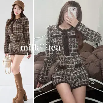 택 포함 새상품 다리치 트위드 니트 콤비네존 브라운 프리