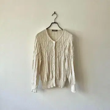 빈티지 일본제 패턴 편직 가디건 펄 린넨 코튼 레트로 화이트