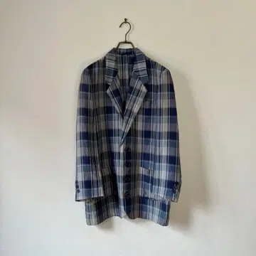빈티지 일본제 테일러드 자켓 린넨 체크 L 린넨 레트로 파랑