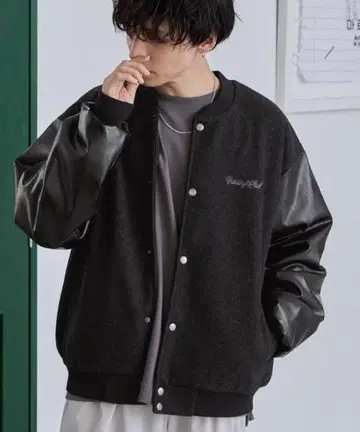 체인 자수 콤비 멜톤 오버 사이즈 바시티 자켓