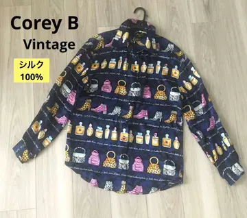 Corey B 빈티지 긴팔 올 패턴 실크 블라우스 네이비 L 사이즈