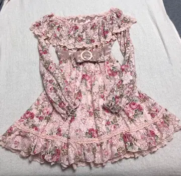 LIZLISA 핑크 빅 리본 오프숄더 전체 레이스 히메 스타일 원피스