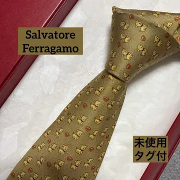 미사용 택 포함 살바토레 페라가모 넥타이 브라운 계열 동물 강아지 패턴