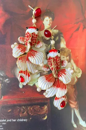 프랑스 구매 금붕어와 꽃 디자인 귀걸이