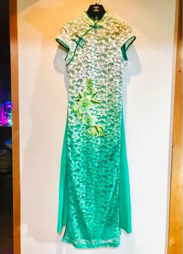 새상품 고급 차이나 드레스 롱 그린 녹색 자수 레이스 고급 캬바쿠라