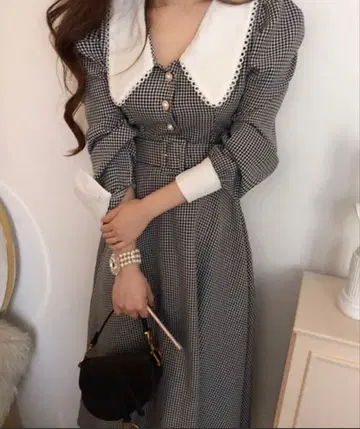 [ Jasmine ] 깅엄 체크 프렌치 걸리시 블라우스 플레어 원피스