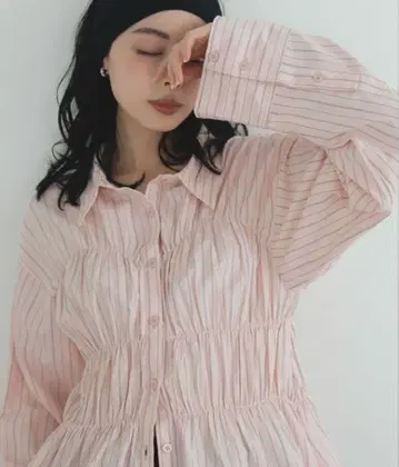 LIAN 셔링 셔츠 핑크 스트라이프