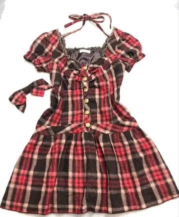 레어 LIZLISA 핑크, 브라운 체크 BIG 리본 원피스 기모