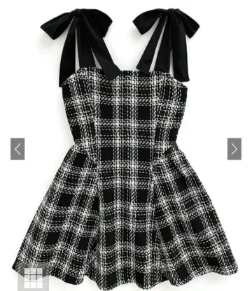 트위드 체크 숄더 리본 미니 원피스[tu1417]