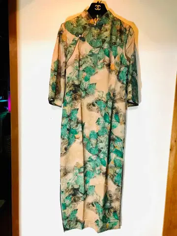 새상품 차이나 드레스 롱 그린 잎사귀 펄 루즈핏