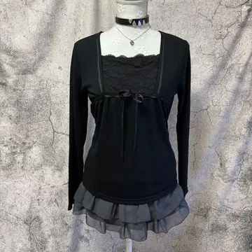 y2k 00s 다크코어 티셔츠 레이스 리본