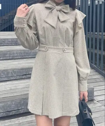 치크 보타이 원피스 미니 원피스 체크 원피스
