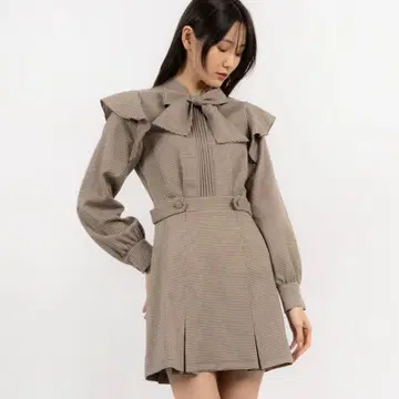 치크 보타이 원피스 미니 원피스 체크 원피스