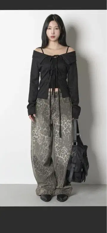 빈티지 워싱 레오파드 와이드 팬츠