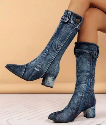 데님 블루 롱 부츠 중간 힐