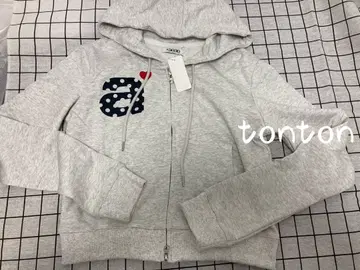 AEAE 그레이 풀 지퍼 후드티 도트 무늬 자수