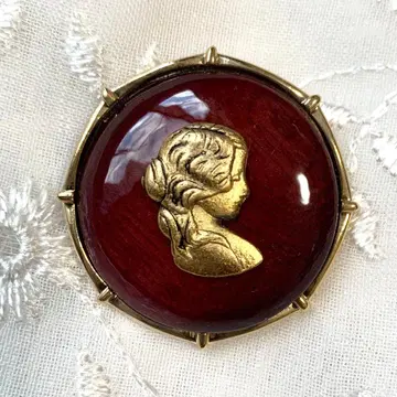 빈티지 브로치 카메오 골드 귀부인 와인 레드 보르도 우드 1