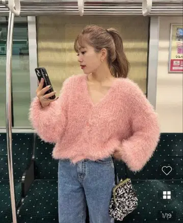 nugu 루즈 샤기 퍼 가디건 핑크