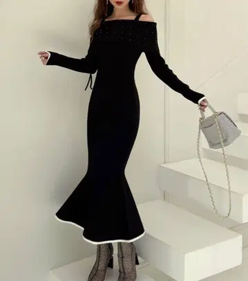 드로스트 개더 키라키라 니트 머메이드 원피스 ROYAL PARTY