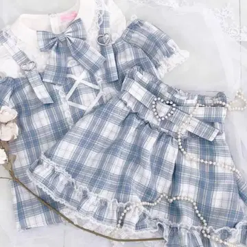 프리메로 체크 어깨 트임 서스펜더 세트 스카이블루 셋업