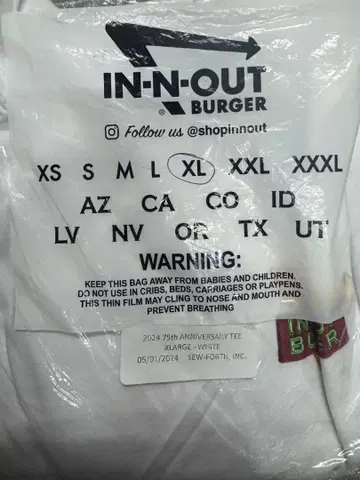 인앤아웃버거 75th Anniversary 반팔T셔츠 XL 화이트