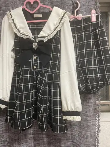 리즈리사 체크 무늬 프릴 리본 셋업