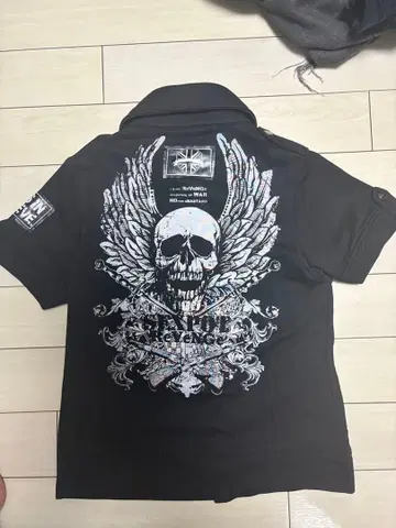 스컬 디자인 밀리터리 피케 셔츠 블랙