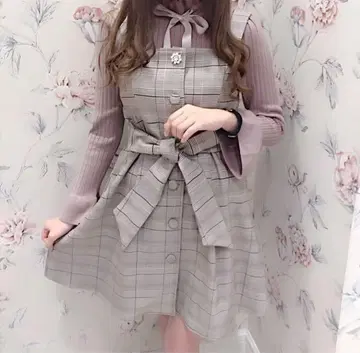 evelyn 허리 리본 체크 비쥬 버튼 원피스 브라운