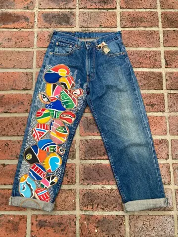 컬러풀 패치워크 리메이크 데님 자수 무늬 화살표