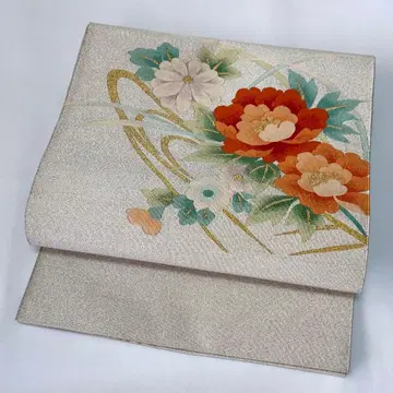 [ 나고야 오비 ] 송엽 마감 은색 꼬임 모란 꽃무늬 포인트 패턴 모던한