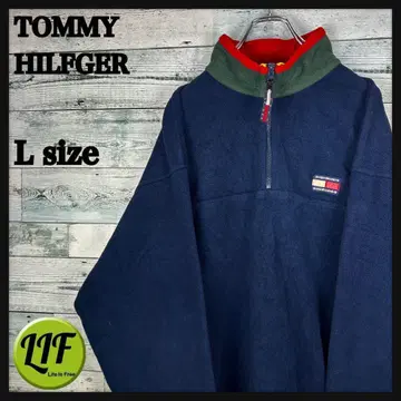 타미힐피거 자수 로고 하프 지퍼 플리스 네이비 그린 레드 L 4620