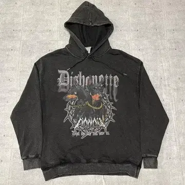 Dishonette 도베르만 애니멀 무늬 프린트 후드티 페이드 가공