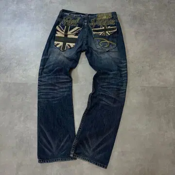 Y2K 00's 레드 페퍼 유니언 잭 백 자수 데님 갸루 남자