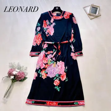 고급 레오나르 롱 원피스 울 실크 트리밍 벨트 포함 L