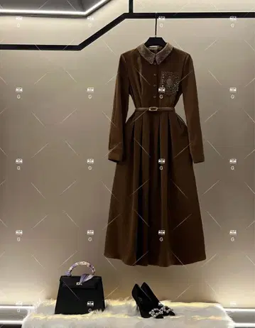 브라운 셔츠 원피스 긴팔 벨트 포함