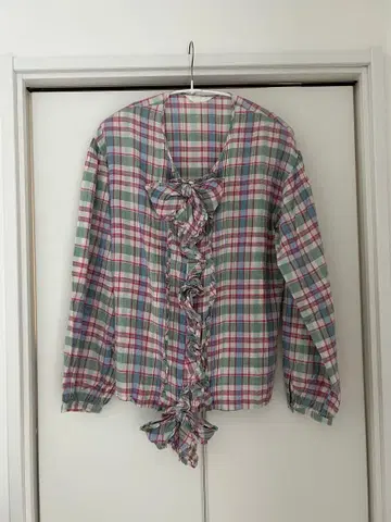 핑크하우스 체크 무늬 긴팔 프론트 리본 포함