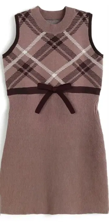 새상품 그레일 브라운 체크 무늬 슬리브리스 원피스