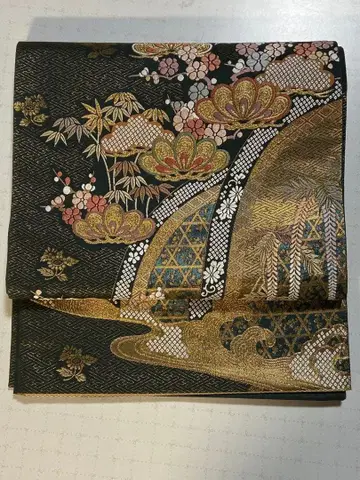 후쿠로 오비 육통 금실 짙은 녹색 차분한 색감에 화려한 금실