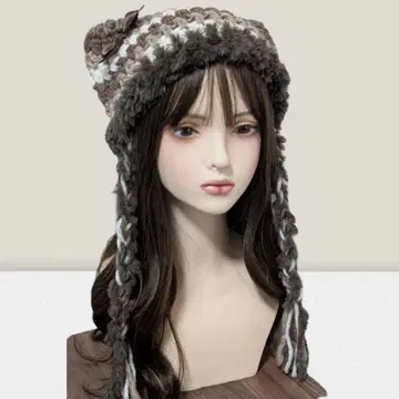 핸드메이드 고양이 귀 니트 모자 리본 포함 y2k 그런지