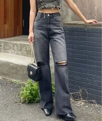 EVRIS 데미지 데님 와이드 팬츠 M 사이즈 그레이