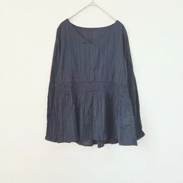 코튼 100% 튜닉 블라우스 M 긴팔 네이비 개더 절개