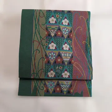 나고야 오비 그린 컬러 기하학 패턴 꽃무늬