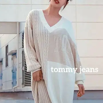 타미진스 2톤 케이블 V넥 스웨터 드레스 한국 롱 니트 원피스