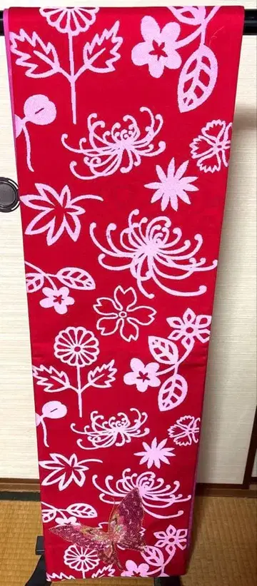 전통 빨간색 스팽글 나비 후쿠로 오비